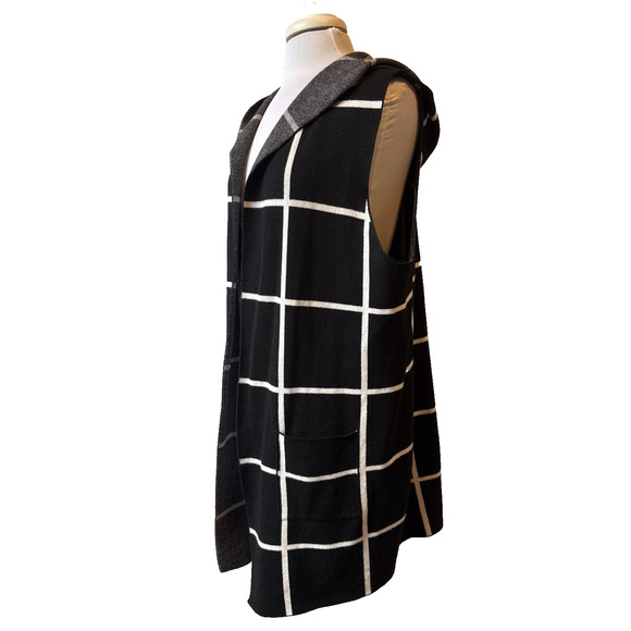 Retrology Women’s XL Black White Plaid Check Sleeveless Hoodie Longline Cardigan - Picture 1 of 10